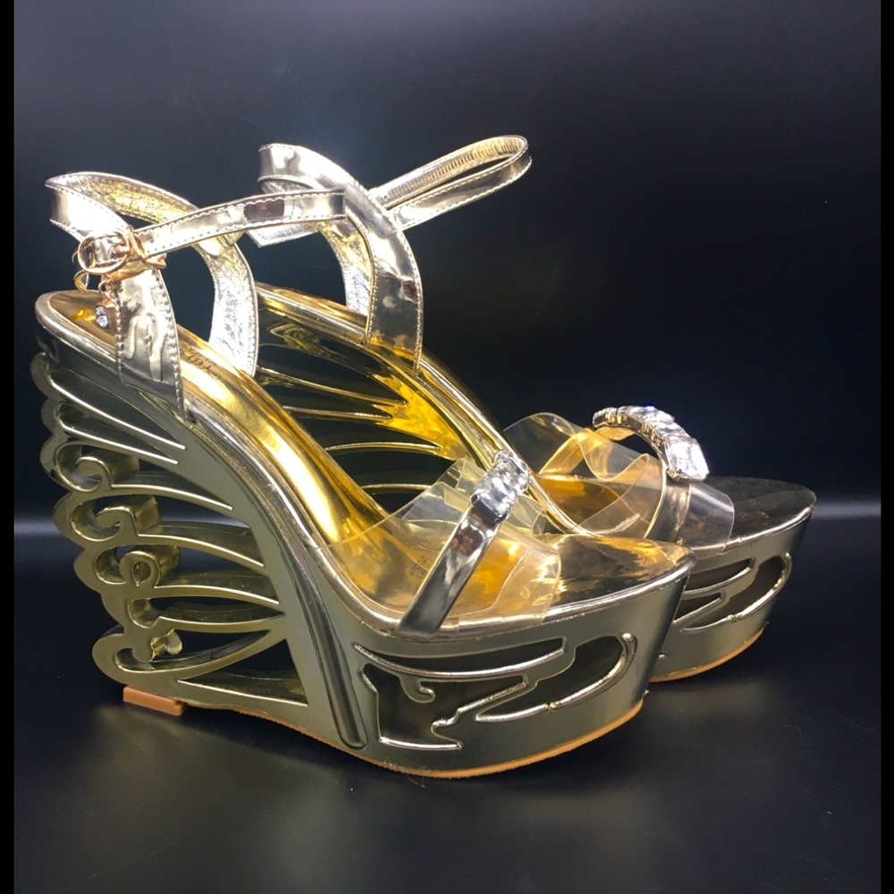 Gold metallic butterfly wedge heels